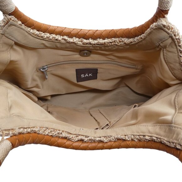 The Sak Tan Fishnet Crochet Weave Braided Leather Straps Handbag Tote Purse - Picture 6 of 9